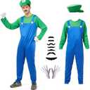 Sohaleway Halloween Costume Men Adult,Plumber Jumpsuit Cosplay Costume with Hat Gloves Moustache Accessories Set Medium