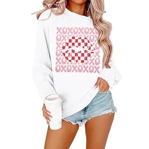 FAYALEQ Valentines Shirts for Women, Crewneck Sweatshirt with XOXO Lips Graphic, Valentines Day Pullover Gift White (2XL)