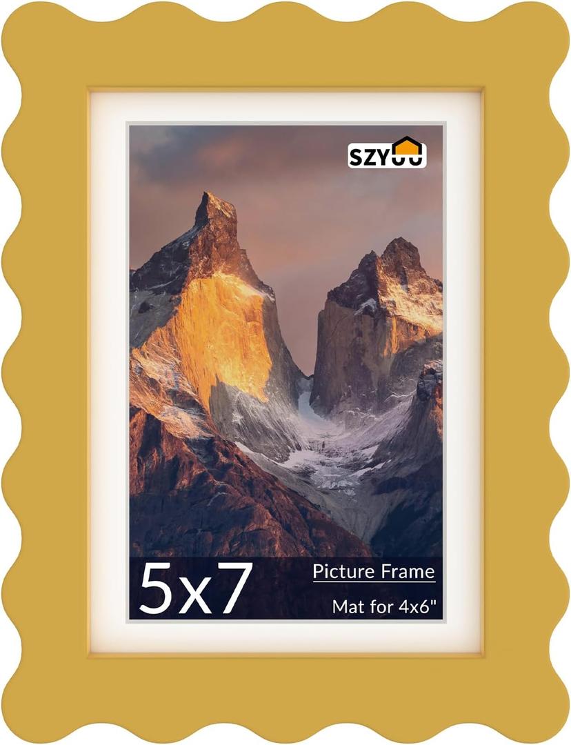 5x7 Wavy Picture Frame with Mat for 4x6, Real Glass and Wooden Frame - Tabletop or Wall Hanging Photo Frame(1 Pack, Yellow)