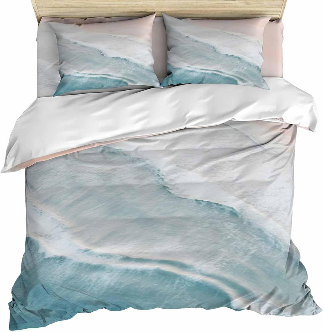 Queen Duvet Cover Set - Summer Beach 4 Pcs Comforter Cover Set, Aqua Sea Waves Coastal Bedding Sets with Zipper Closure, Ocean Nautical Seaside Microfiber Bed Sheet Soft Quilt Cover 2 Pillow Shams