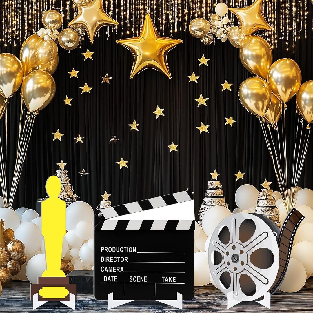WinnerWhy 3 Pcs Extra Large 20 Inch Movie Night Party Decorations Clapboard Award Trophy Film Strip Movie Theater Decor Red Carpet Theme Decorations Cut Action Scene Board Centerpiece for Photo Prop