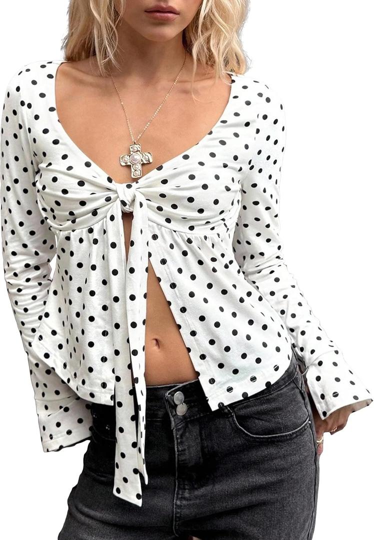 Women Y2k Polka Dot Bow Tie Front Split Hem Peplum Crop Tops Coquette Sweetheart V Neck Long Sleeve Fall Shirts (S)