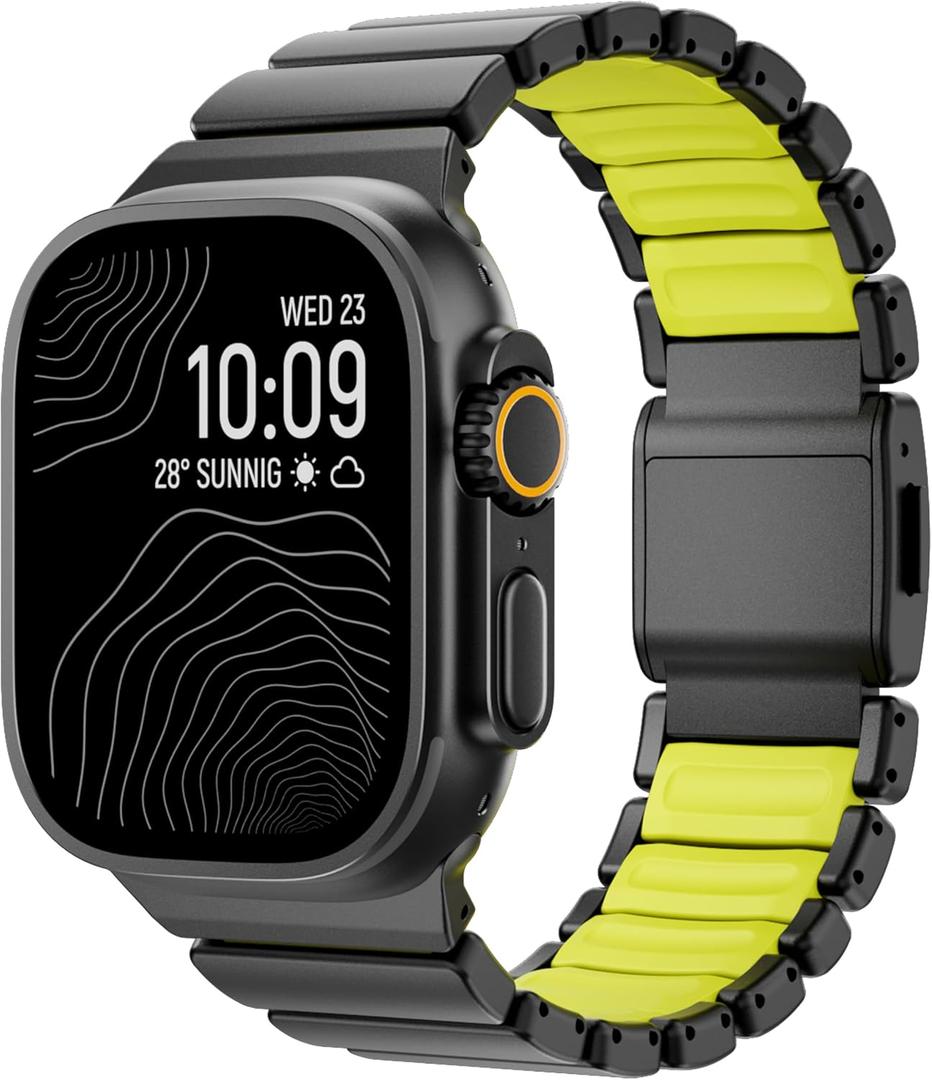 Luxury Titanium Silicone Dual-Layer Link Bands Compatible with Apple Watch Band Ultra 3/2/1 49mm 46mm 45mm 44mm 42mm, Men Women Magnetic Clasp Metal Bracelet for iWatch Series 11 10 9 8 7 6 5 4 SE (Black-Green, 49mm/46mm/45mm/44mm/42mm(Series 3))