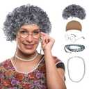 Old Lady Wig Costume Set,Gray Hair Grandma Wig,Granny Costume Set with Hair Cap,Glasses, Glasses Chain and Pearl Necklace, 5 Piece Set