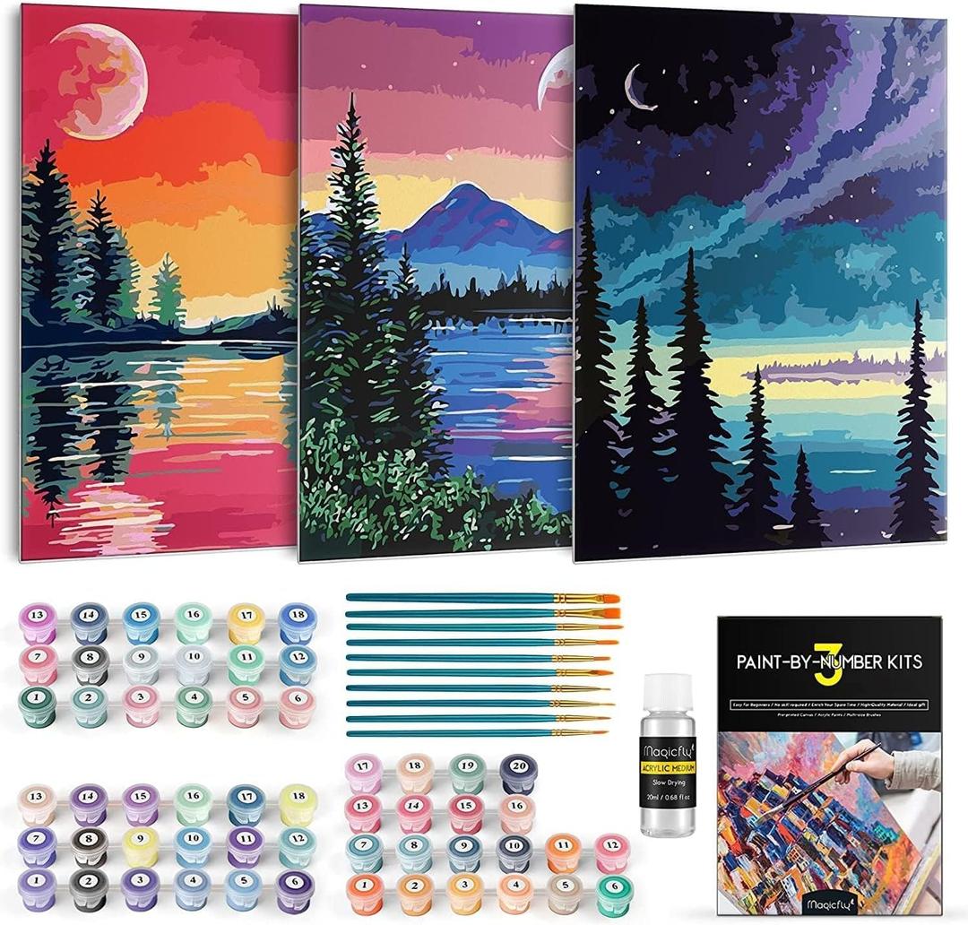 Magicfly 3 Pack Paint by Number for Adults Beginner, Moon Lake Landscape DIY Painting by Number Kit, Easy Acrylic Paint by Numbers on Canvas, 9x12 Inch, Include 10 Multi-Sized Brushes