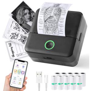 Print Pods Mini Printer, Thermal Inkless Sticker Maker with 10 Rolls Printing Paper, Pocket Printpod for phone, Impresora Porttil for Notes, Flashcards, Journal, DIY, Compatible with iOS & Android (Black)