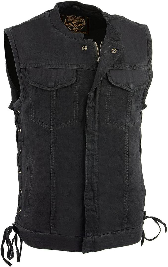 Milwaukee Leather Men's Classic Club Style Premium Denim Motorcycle Biker Vests MDM (Black, L)