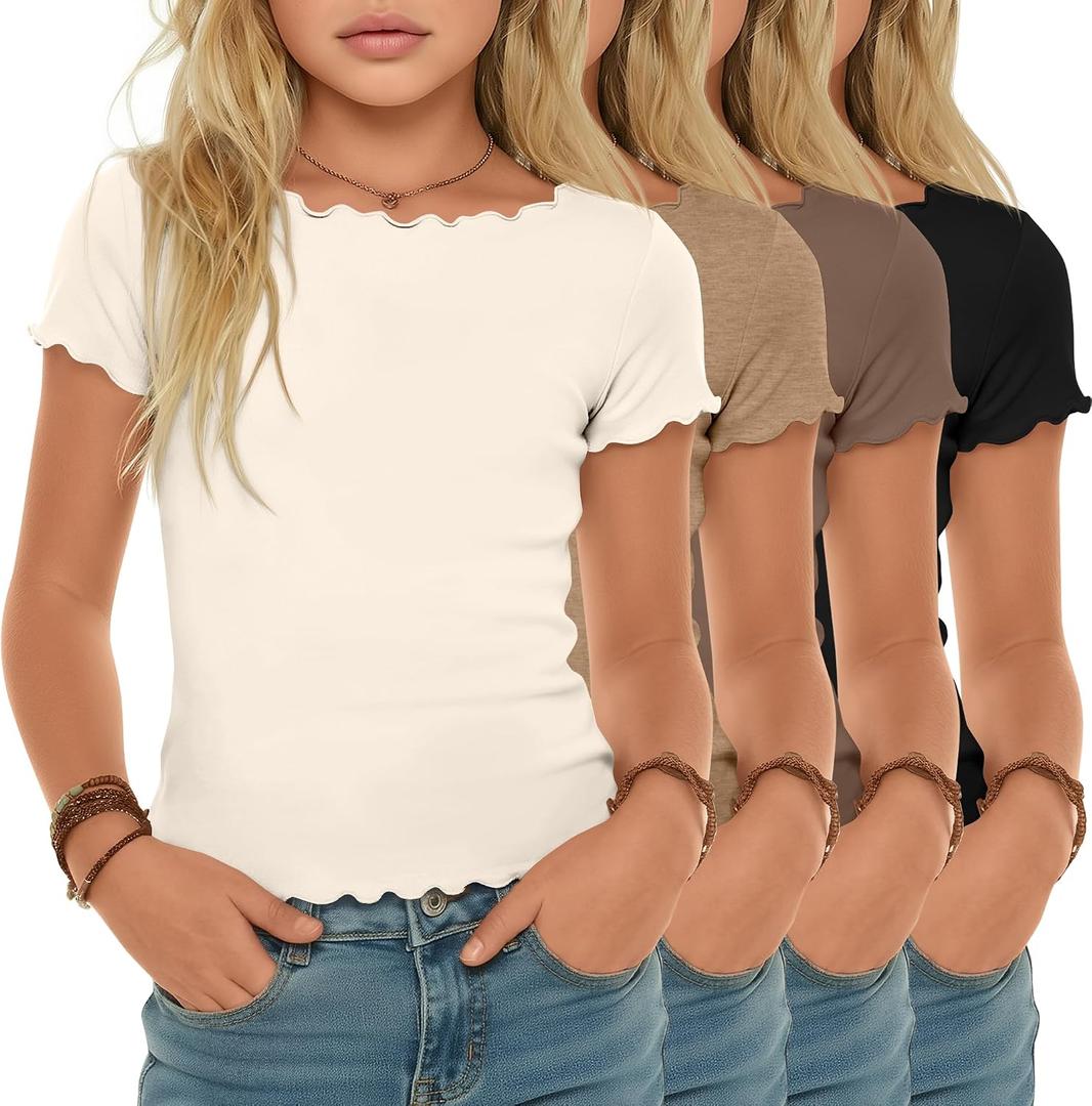 YooAurvox 4 Pack Girls Short Sleeve Shirts Lettuce Trim Boat Neck Knit Tops Slim Casual Basic Tee(Apricot, Light Camel, Coffee, Black,5-6 Years)