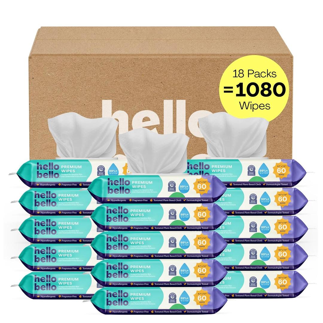 Hello Bello Premium Fragrance-Free Baby Wipes, with Chamomile & Aloe Extracts for Sensitive Skin - 18 Resealable Packs = 1080 Total Wipes