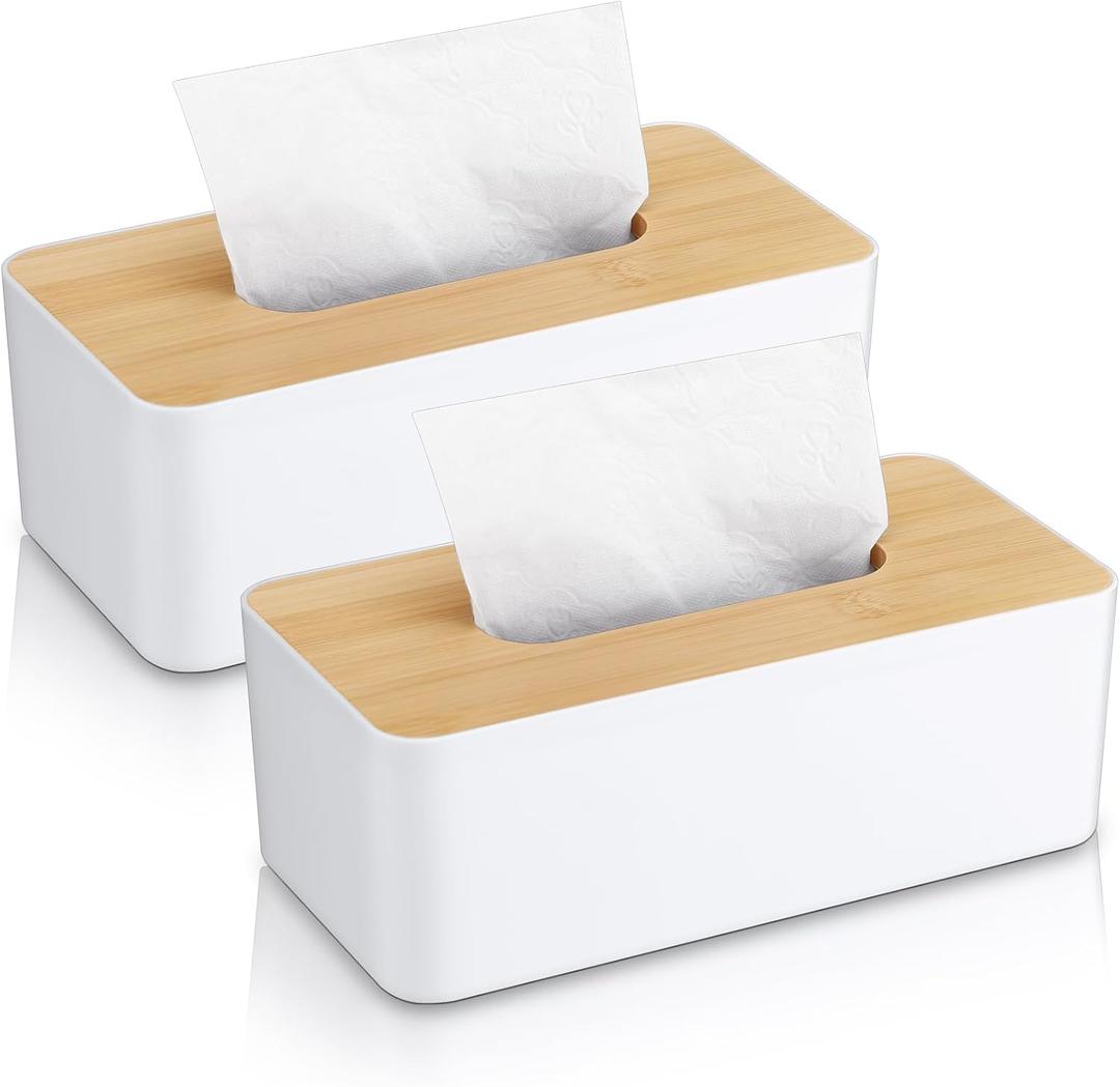 Teenyyou 2 Pcs Tissue Box Cover Square Plastic Tissue Holders 5x9 Inch Holder Wood Cover Plate for Bathrooms, Kitchen, Office, Home, Bedroom Dresser, Countertop(White)