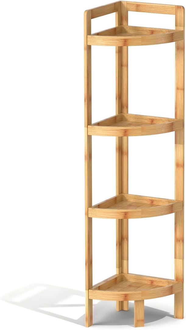 2026 New Bamboo Standing Shelf, 4 Tier Corner Shelf Stand, Free-Standing Shelf Units, Triangular Curved Corner Shelf Stand for Space-Saving Display Ideal for Bathroom/Kitchen/Living Room Storage