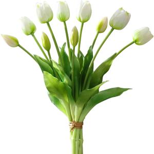 Artificial Flowers 10pcs Fake Tulips Real Touch, Faux Latex Tulips Flowers with Gift Box Soft Faux Tulips Bouquets Arrangements for Party Wedding Home Room Decoration(White)