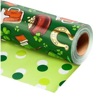 2 x Merture St. Patricks Green Reversible Wrapping Paper Roll - 17 In x 32.8 Ft (46.5 sq.ft.ttl.) - Lucky Shamrocks, Leprechaun Hats, Gold Pots and Horseshoes with Watercolor Green Polka Dots Design for Festive St. Patrick's Day, DIY Crafts, Holiday Greeting Cards and Irish Themed Celebrations