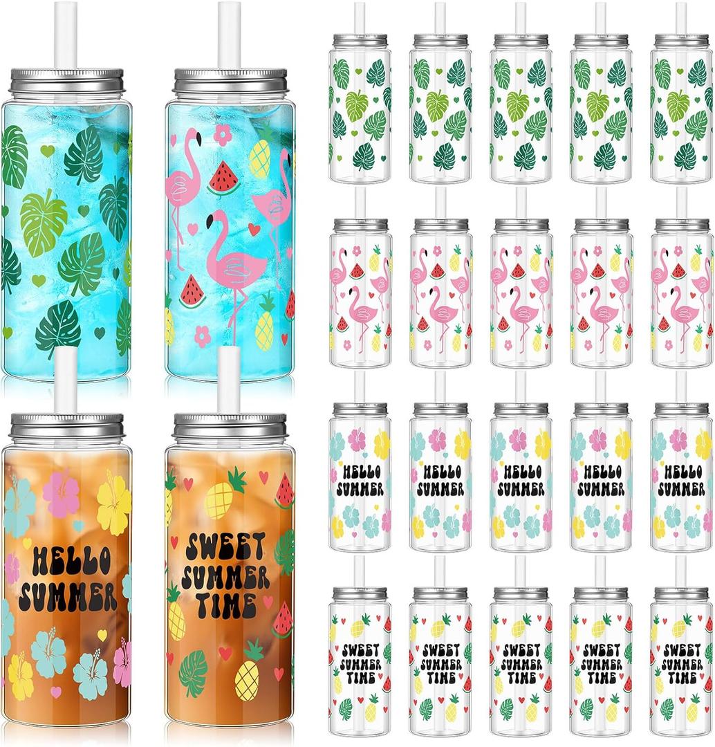 Baderke 24 Pcs Hawaiian Plastic Cups with Lids and Straws 13.5 oz Tropical Luau Clear Drinking Cup for Whiskey Soda Tea Juice Smoothies Coffee Milk Beach Birthday Party Supplies (Hawaiian)