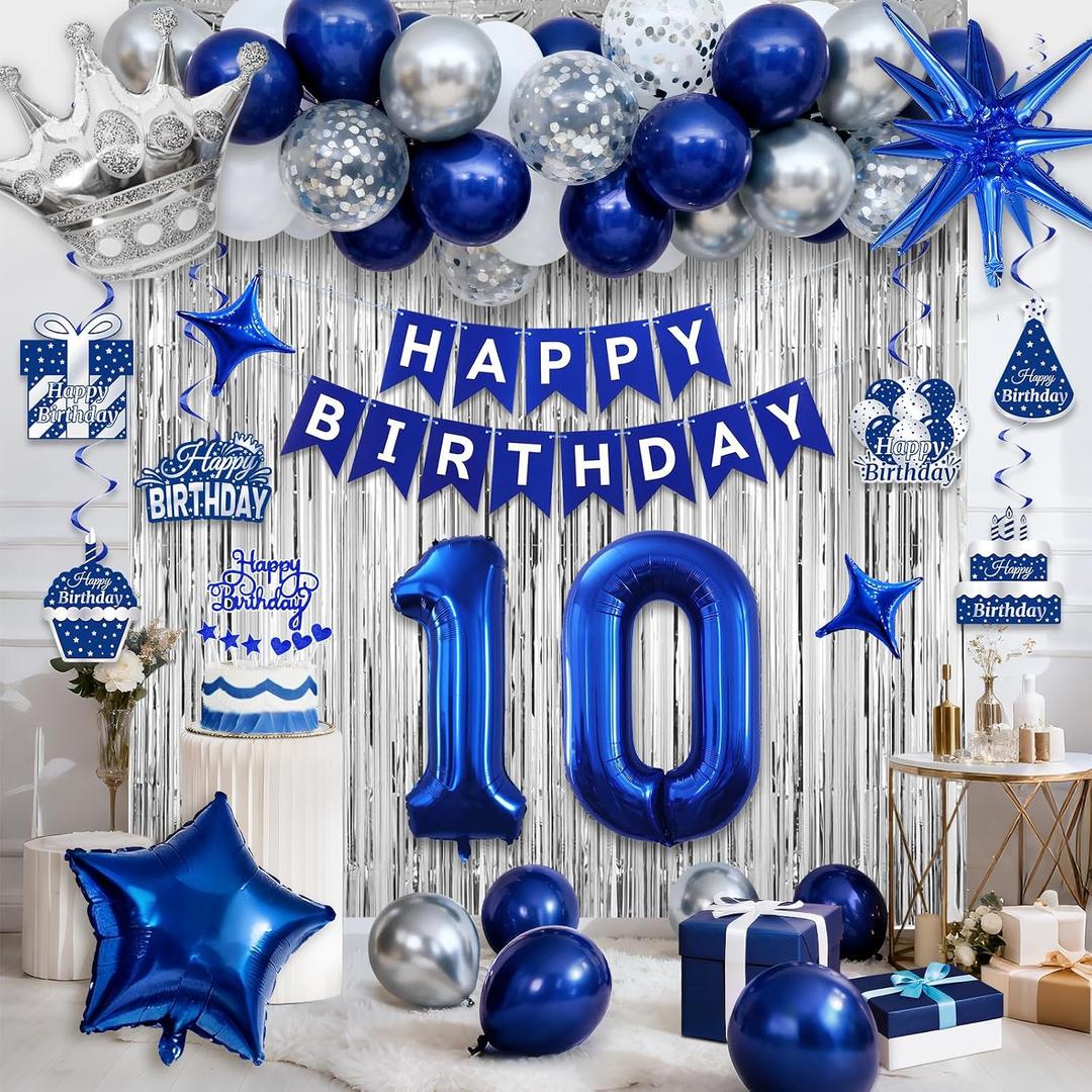 10th Birthday Decorations, Blue and Silver Happy Birthday Decorations for Boys Girls, Navy Blue 10th Birthday Party Packs with Banner Balloons Silver Fringe Curtains Foil Balloons