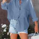 NOLLSOM Casual Shirts for Women Long Sleeve Button Down Blouses Spring 2026 Solid Color Trendy Tops with Pocket (Blue, M)