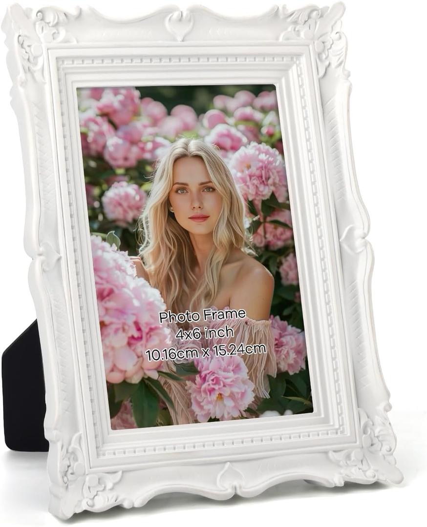 PHAREGE 4x6 Vintage Picture Frame White, 4 by 6 Ornate Antique Picture Frame for Wedding, Retro Photo Frame Displays Horizontally or Vertically On Tabletop