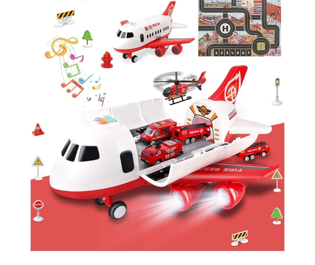 Dwi Dowellin Airplane Toy with Fire Truck Cars and Play Mat, Plane with Lights and Sounds for 3 + Years Old Boys and Girls
