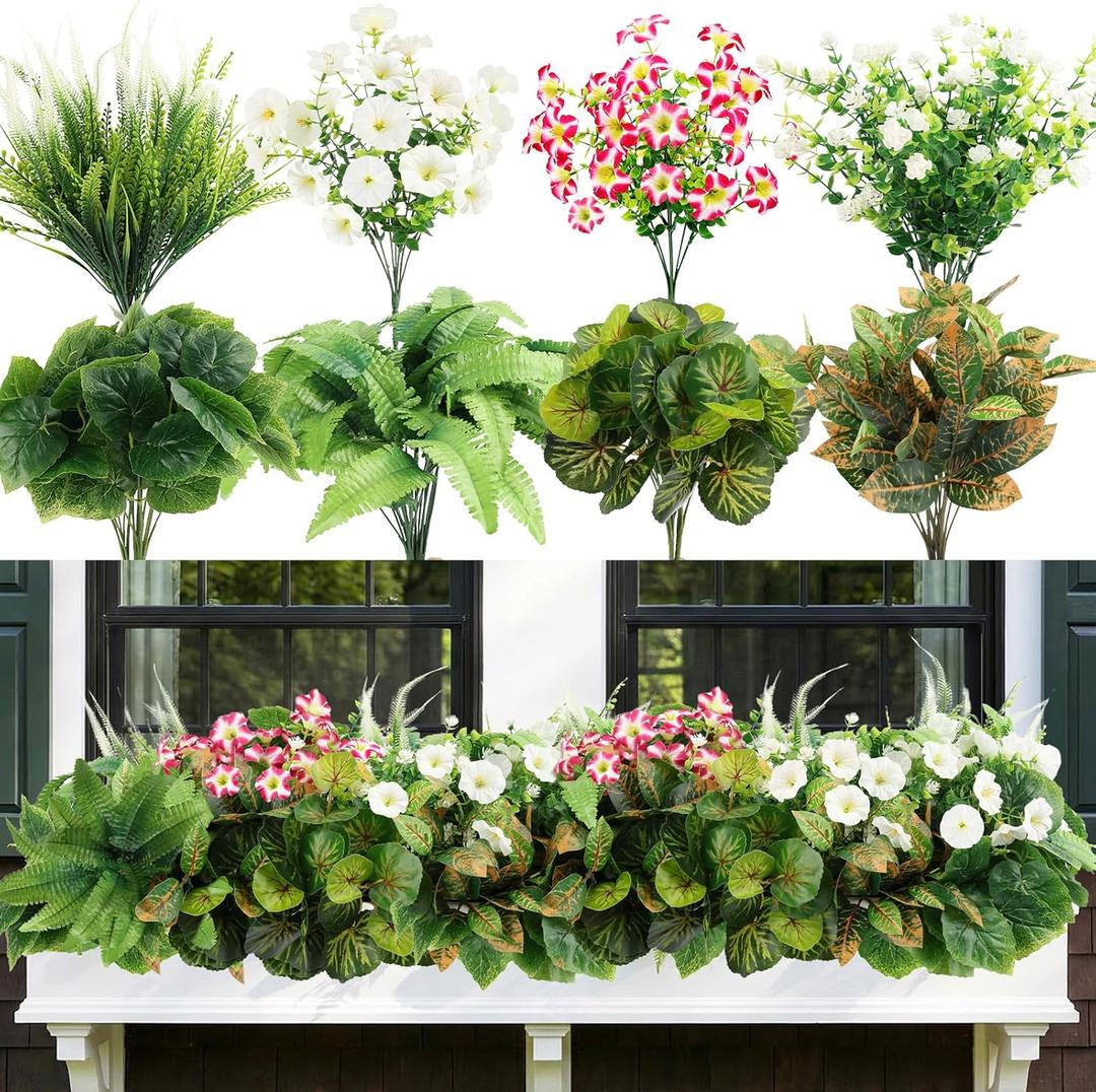 20 Pcs Artificial Plants Outdoor, Realistic Faux Greenery & Flowers UV Resistant Fake Plastic Begonia Morning Glory Eucalyptus Fern for Outdoor Decorations Patio Garden Front Porch Yard Decor