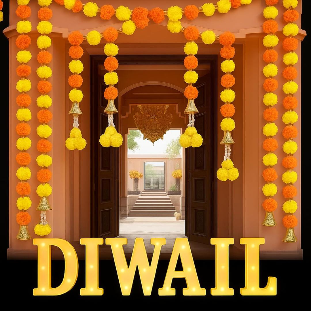 11pcs Marigold Garland for Decoration and Diwali Light up Letter Decoration 5 Feet Long Artificial Marigold Flower Garland with Bell for Mandir Decor Indian Hindu Pooja Room Light for Puja Party Decor
