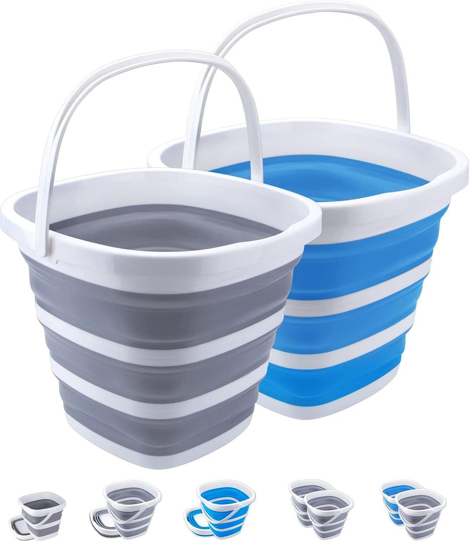 2 Pack Collapsible Buckets 10L 2.6 Gallon Cleaning Bucket Mop Bucket Folding Foldable Portable Small Plastic Water Supplies for Outdoor Garden Camping Fishing Car Wash Space Saving Square Grey Blue