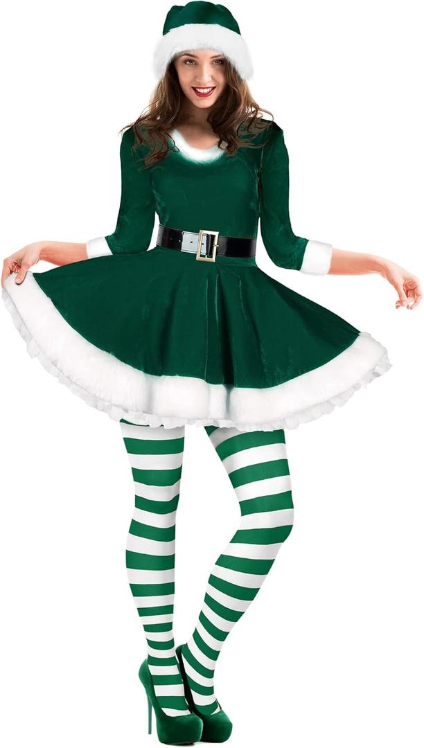 Geyoga Women's Santa Claus Costume Set Velvet Dress with Belt Women's Xmas Striped Tights Santa Hat Set Dress Cosplay (Large, Green)