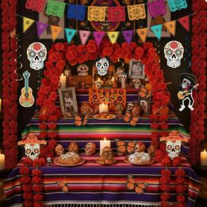 30 Pcs Dia De Los Muertos Decorations Set Altar De Ofrendas Marigold Garland Mexican Banners Serape Tablecloth Sugar Skull Hanging Swirl Monarch Butterfly for Day of The Dead Decor(Red)