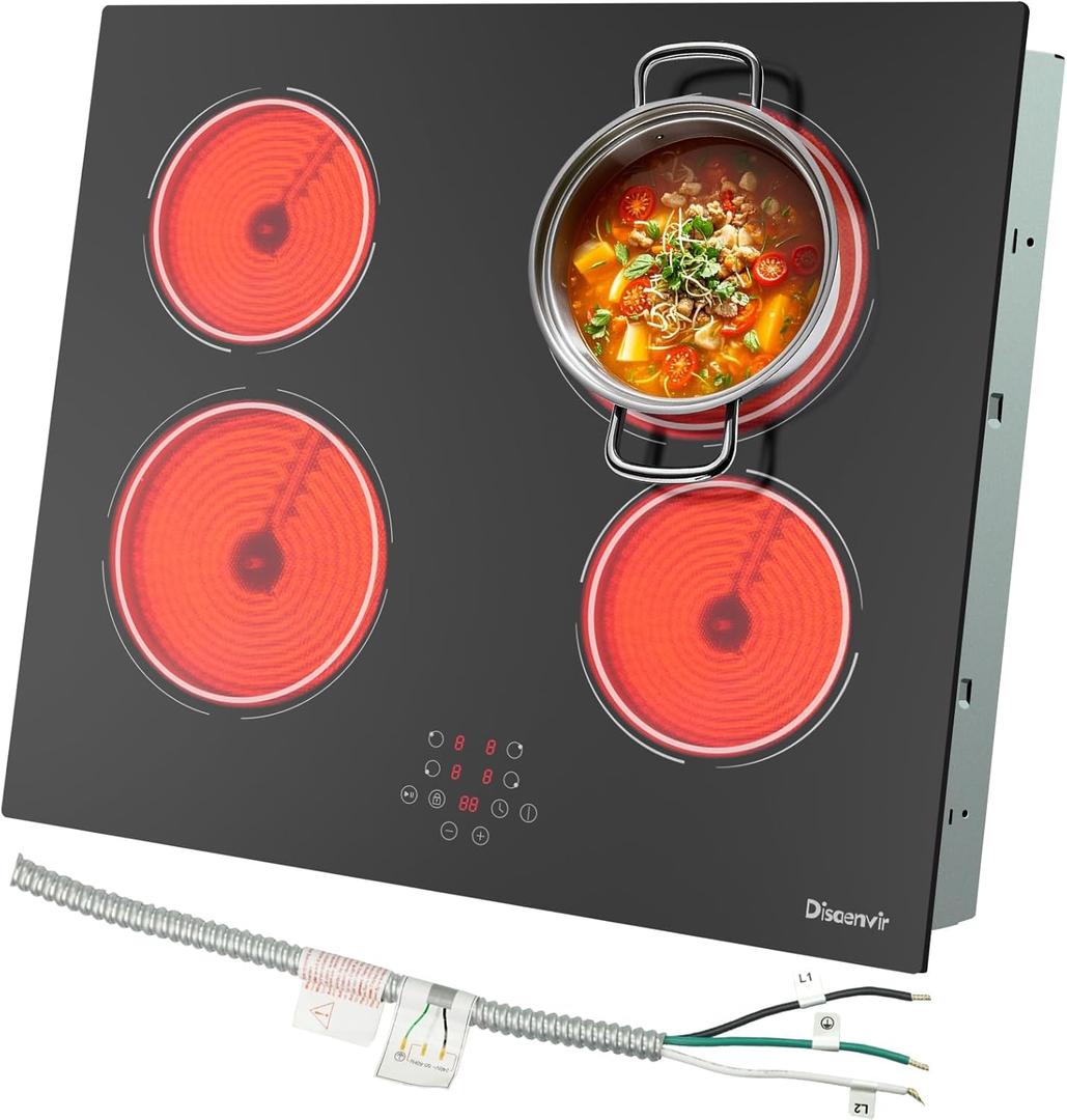 24 Inch Electric Cooktop - 4 Burner Glass Electric Stove Top 6000W, 24 Inches Built-in Ceramic Stovetop with Timer, Safety Lock, Pause, Touch Control, 220V - 240V Hard Wire(No Plug)