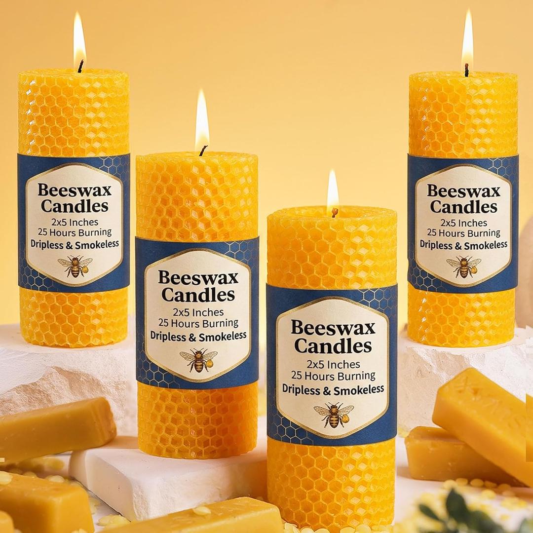 4 Pack Beeswax Candles, Pure Natural Beeswax Pillar Candles-80 Hours Long Burning,Organic Bees Wax Candles for Home,Paryer,Parties,Unscented Dripless Smokeless Beeswax Candle Bulk 2x5in