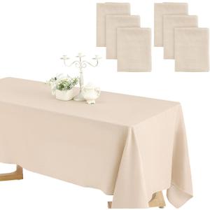 Preboun Wedding Rectangle Linen Tablecloth Bulk 60 x 102 Inch Polyester Faux Linen Tablecloths Washable Burlap Tablecloth for Birthday Farmhouse Dining Table Party (Beige,6 Pack)