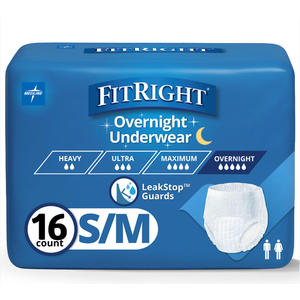 FitRight Overnight Unisex Underwear, Small/Medium (28-40 in Waist), 16 Count, Maximum All Night Disposable Incontinence Protection, Pull-On Absorbent Underwear for Men & Women, 1 Bag