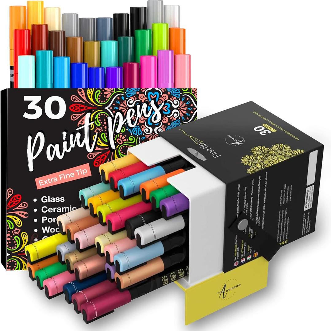 ARTISTRO 30 Acrylic Paint Pens Extra Fine Tip and 30 Acrylic Paint Markers Fine Tip, Bundle for Rock, Stone, Ceramic, Glass, Mugs, Wood, Metal, Fabric, Canvas