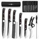 Golden Bird Japanese Chef Knife Set with Roll Bag, Hand Forged Butcher Knife Set for Meat Cutting, Outdoor BBQ Knives for Men, Christmas Gifts for Men Women, 7PCS