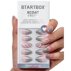 BTArtbox French Tip Press On Nails - Sparkle Bow, Lamp-Curable Short Almond Press On Nails with Glue and Adhesive Tabs for Women in 16 Sizes - 32 Soft Gel Glue On Nails Kit