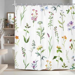 Riyidecor Wildflower Shower Curtain 60Wx72H Inch Watercolor Botanical Floral Flowers Green Leaves Plant Nature Botany for Girls Women Cute Bathroom Decor Fabric Polyester Waterproof 12 Pack Hooks
