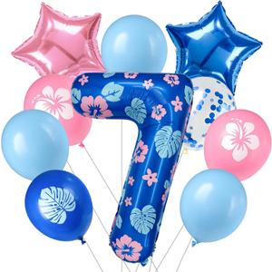 Minyu Tropical Floral Number large Balloon - 10-pack, includes hibiscus and palm leaves, pink and blue star foil, and sequined balloons, perfect for birthday party decorations. (Number 7), 30 inches x 40 inches x 10 inches