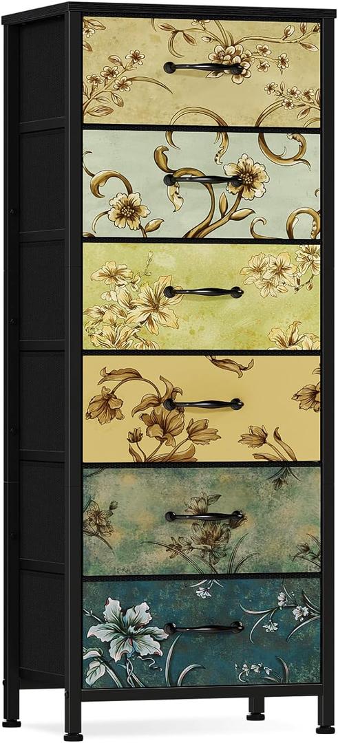 Furnulem Tall 6 Drawers Dresser, Vintage Storage Organizer Unit with Fabric Bins for Bedroom, Living Room, Closet, Nusery, Dorm, Entryway, Bedside Furniture, Sturdy Metal Frame, Wood Top, 11.8"D x 15.8"W x 45.9"H