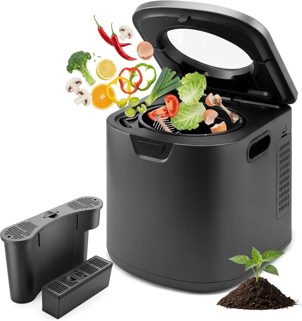 NutriChef 4 Quart Electric Kitchen Composter | Smart Countertop Composter Includes 2 Odorless Carbon Filters | Electric Compost Bin for Indoor Use | 3 Volume Based Modes Small, Medium & Large | Gray (Black)