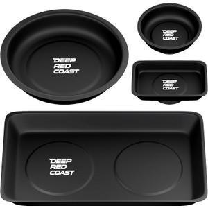 Magnetic Tray 4 Pack, Stainless Steel Magnetic Parts Tray Set, 3 Inch and 6 Inch Round Trays, Square Tray and Shallow Tray, Magnetic Tool Tray for Nuts Bolts Screws, Black