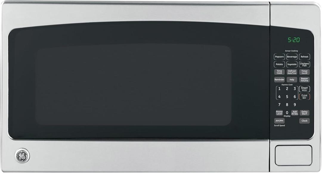 GE Countertop Microwave Oven, 1, 200-watt Capacity, 2.0 Cubic Ft., 8 Auto Setting Cooking Settings, Child-Lock Technology, Kitchen Essentials for the Countertop, Dorm Room or Apartment, Stainless Steel