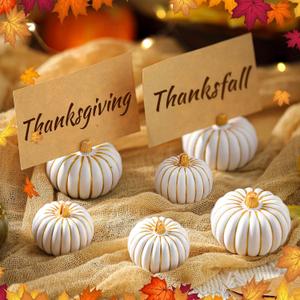 Bucherry 6 Pcs Thanksgiving Table Decor Mini White Gold Pumpkin Place Card Holder Resin Fall Card Holder for Thanksgiving Decor Wedding Harvest Table Centerpiece (1.3 Inch, 1.15 Inch)