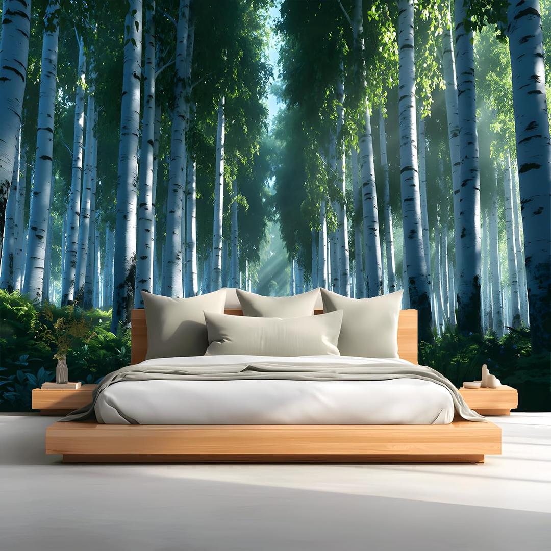 ASJ Peel and Stick Wallpaper Forest Mural, Birch Tree Fern Green Self-adhesive peel & stick fabric mural; water-resistant; 5 sizes options; for bedroom, living room, nursery, 177" x 102"