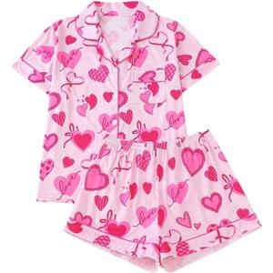 WDIRARA Women's 2 Piece Bow Print Pajama Set Short Sleeve Button Down Lounge Shorts Sleepwear Sets (Large, Pink Heart)