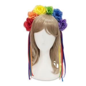 1 PC Rainbow Headband Rose Flower Crown Boho Outfits for Women - Ribbon Holloween Accessories - Bisexual Pride Outfits