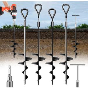 Phopich 18''/30" Long Ground Anchor, Heavy Duty Earth Anchors Ground Anchors Screw in Kit with T-Handle Hex Wrench for Camping Tent, Swing Sets, Securing Animals, Sheds, Trampoline, Black 