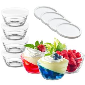 16pc Set of Small Glass Bowls with Airtight Lids - 8oz Stackable Custard Cups - 8 Clear Mise en Place Food Prep Bouillon Cups & Mixing Bowls + 8 Lids for Sauces Dips, Nuts Oats, Candy Dessert, Cereal.
