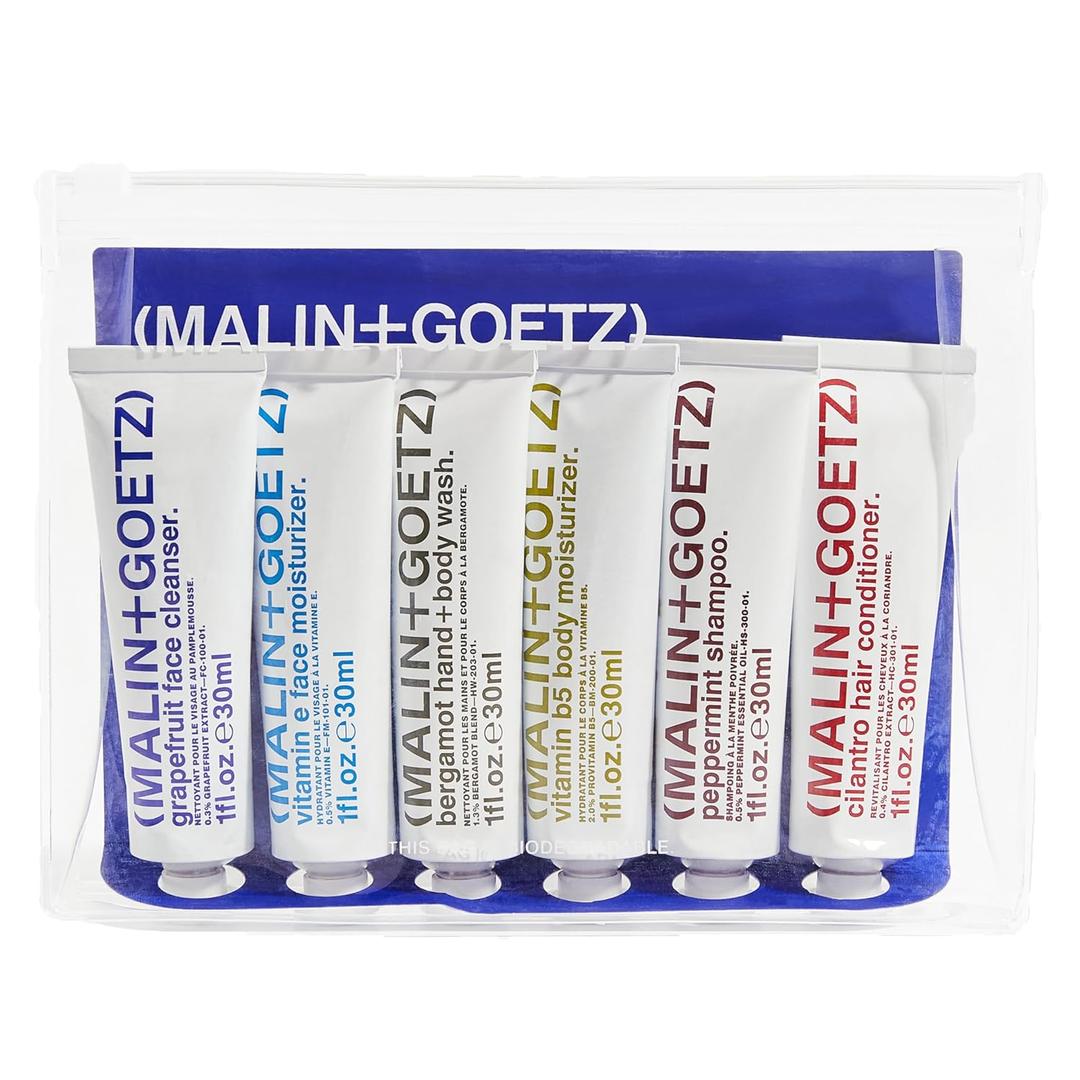 MALIN+GOETZ Best-Sellers Travel Kit | Six Everyday Essentials for Face, Body + Hair | Grapefruit Face Cleanser, Vitamin E Face Moisturizer, Peppermint Shampoo + More | Vegan, Travel-Friendly(6 x 1 oz)