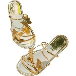 GORGLITTER Women's Gold Beach Summer Flat Sandals 2025 Strappy Cute Wedding Flats Shoes (9)
