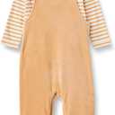 Amazon Essentials baby-girls Velour Overall and Long Sleeve Bodysuit Set (0-3 Months, Light Camel/Stripe)