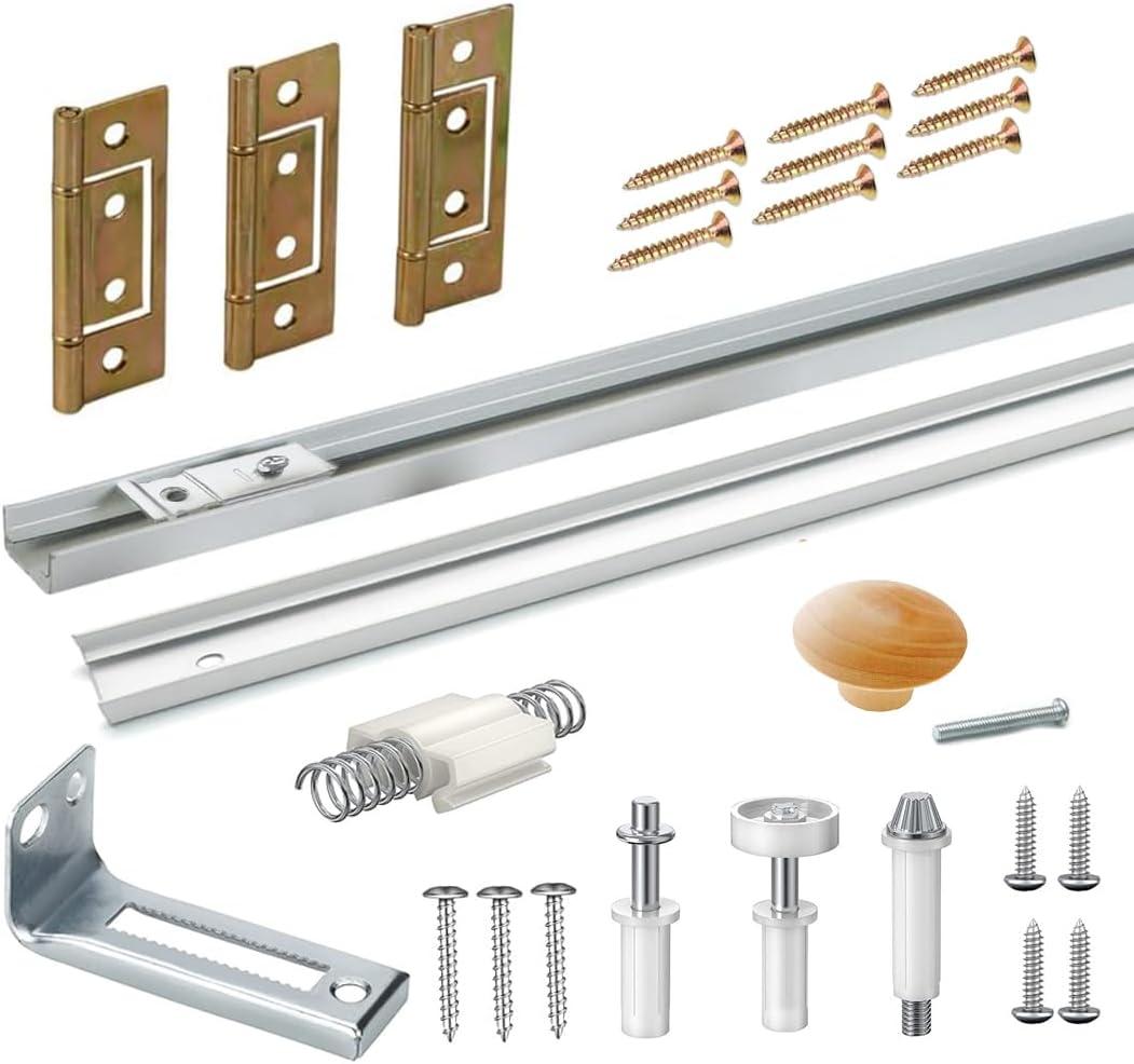 Bifold Door Hardware with Track, Bi-fold Closet Door Hardware Repair Tool Kit, Included Top Guide Wheels, Top Pivot, Bottom Pivot, Spring, Metal Pivot Pin and Steel Track (36 inch), Silver